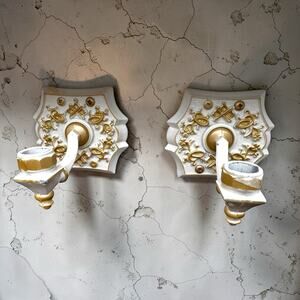 Vintage Pair White Gold Wall Candle Sconces | Ornate Embossed Backplate Baroque